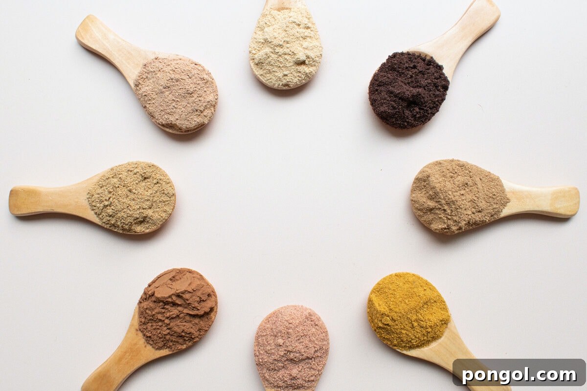 Finding My Light: A Natural Triumph Over Depression 7 A circular arrangement of wooden spoons, each cradling a different finely powdered supplement, highlighting the diverse range of natural remedies available.