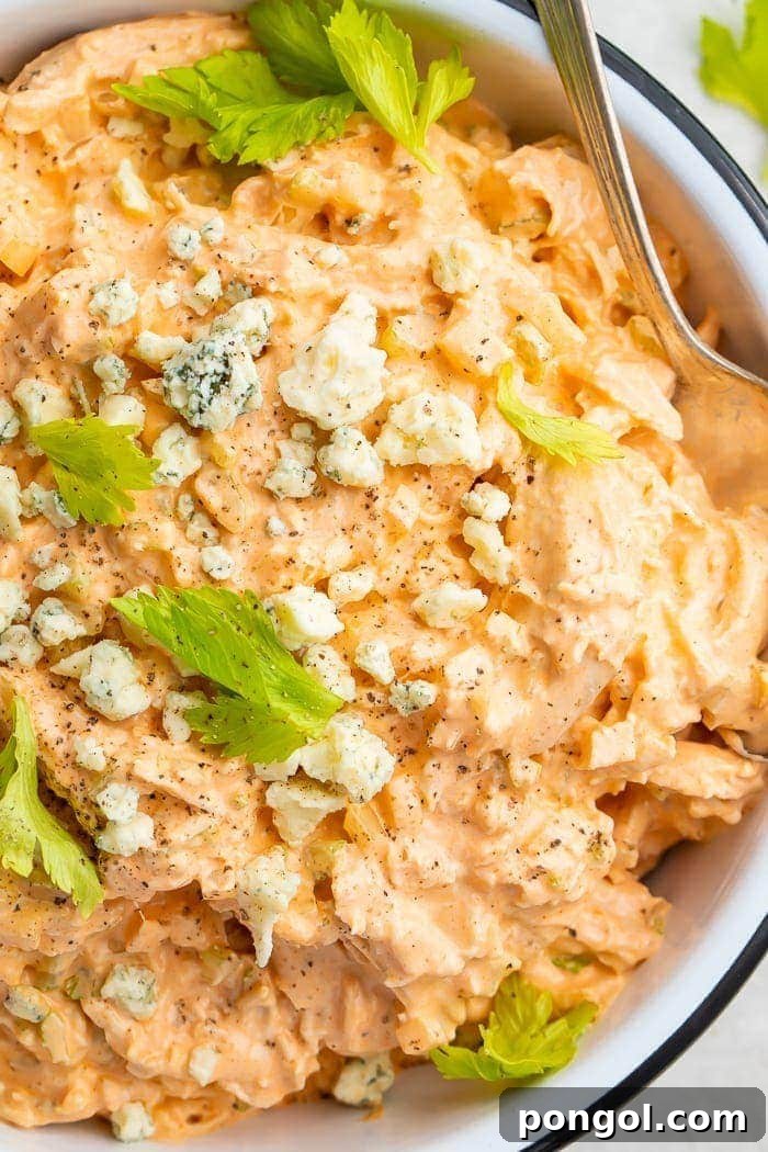 Close-up of creamy Buffalo Chicken Salad in a rustic bowl, garnished and ready to be served, with a spoon dipping in.