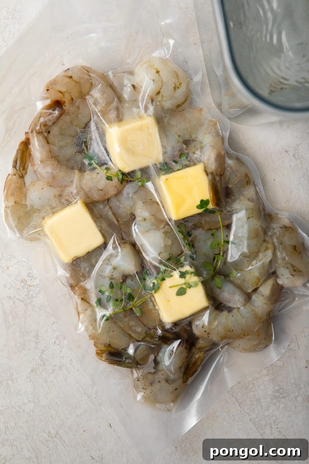 Preparing sous vide shrimp bag