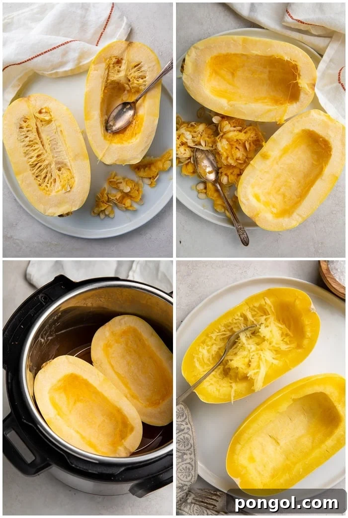 Instructions for cooking spaghetti squash in an Instant Pot, showing the squash halves placed on a trivet inside the pot