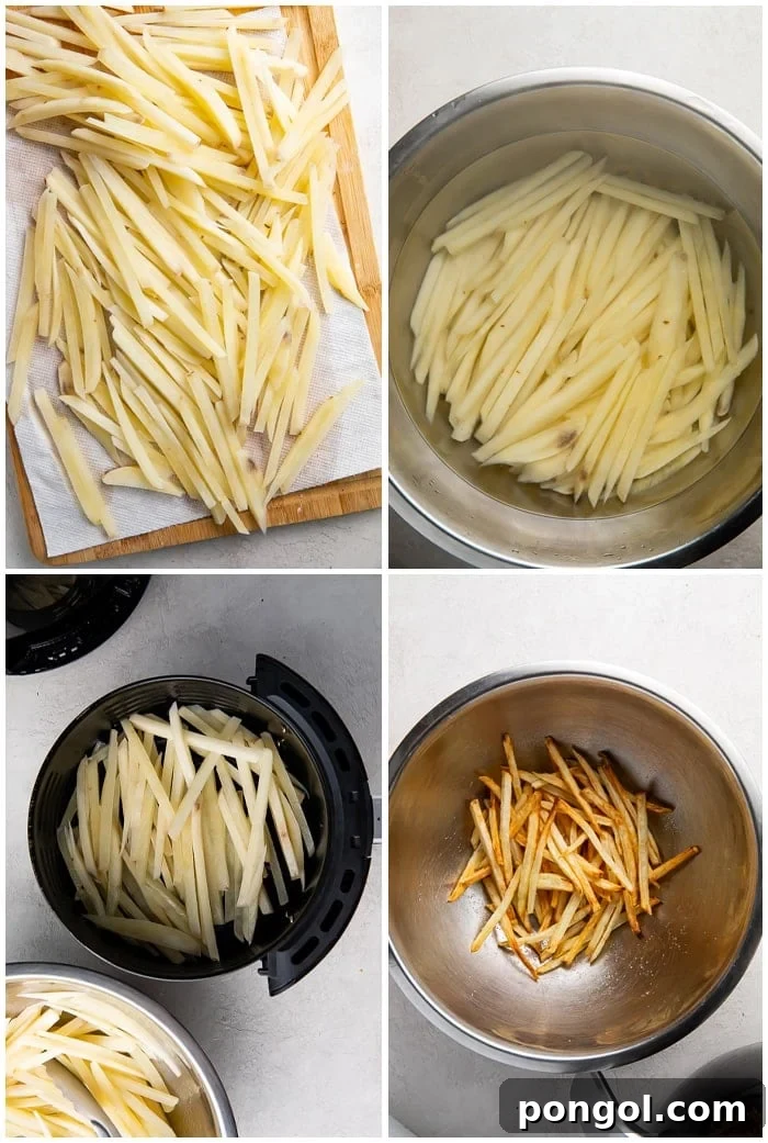 Instructions for air fryer french fries, showing various stages of preparation including cutting, soaking, and seasoning.