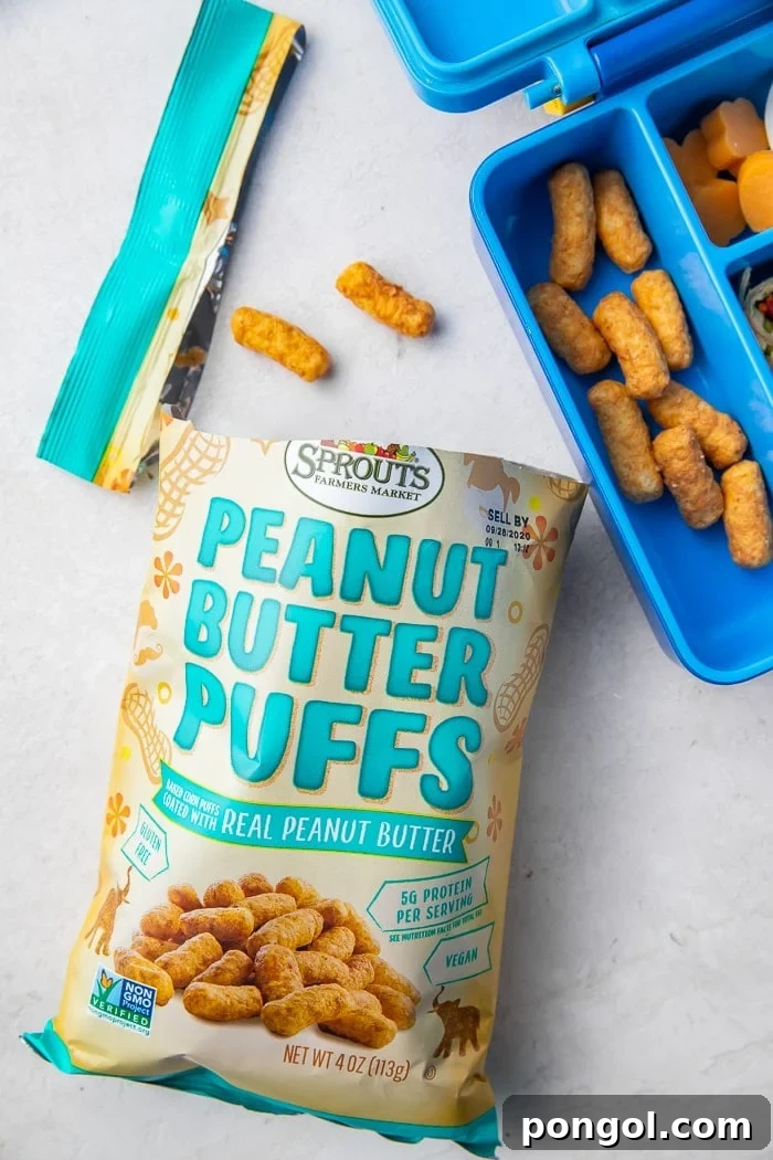 Close-up of a bag of Sprouts Peanut Butter Puffs, highlighting the product packaging.
