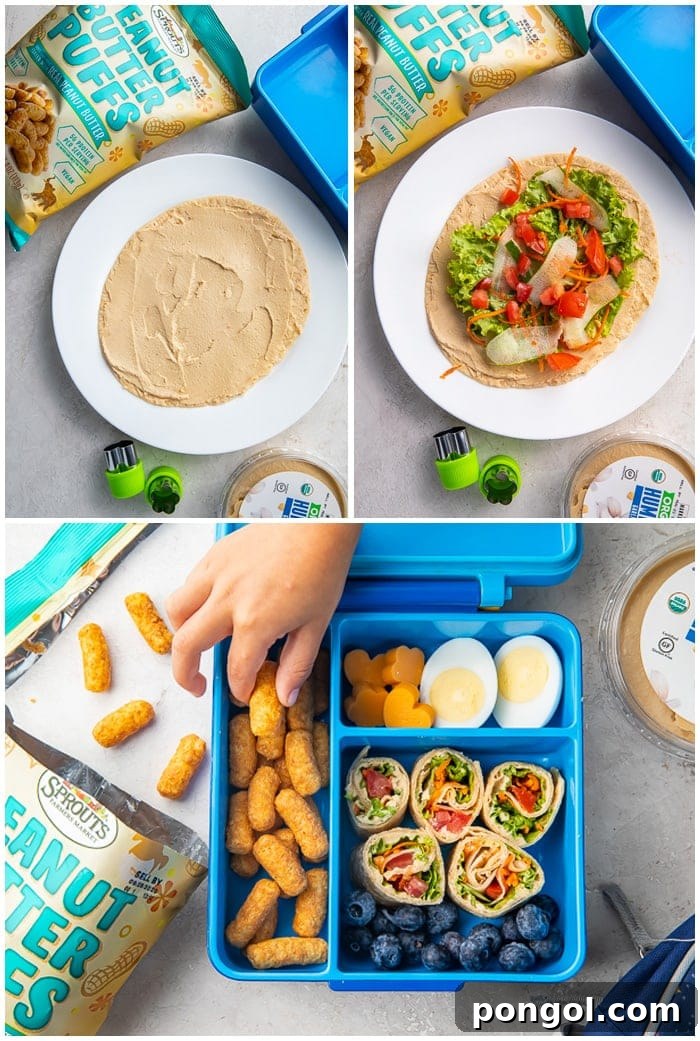 Step-by-step photos showing how to spread hummus, add vegetables, roll, and slice a wrap for a vegetarian bento box lunch.