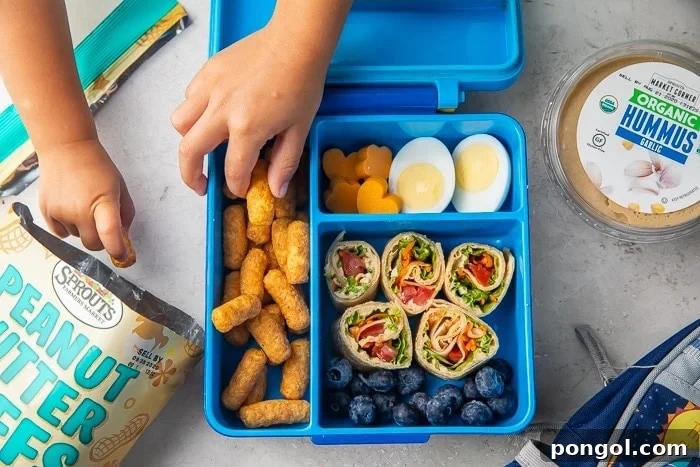 Children's hands reaching for various healthy snacks in a vibrant vegetarian bento lunchbox.