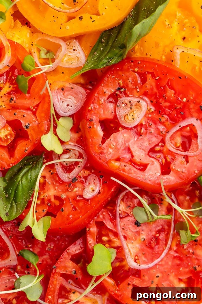 Rainbow Heirloom Tomato Medley 5 Close-up of vibrant red heirloom tomatoes adorned with micro broccoli and thinly sliced shallots, showcasing fresh textures.