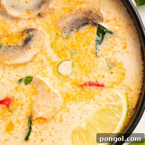 Instant Pot tom kha soup in a large black bowl