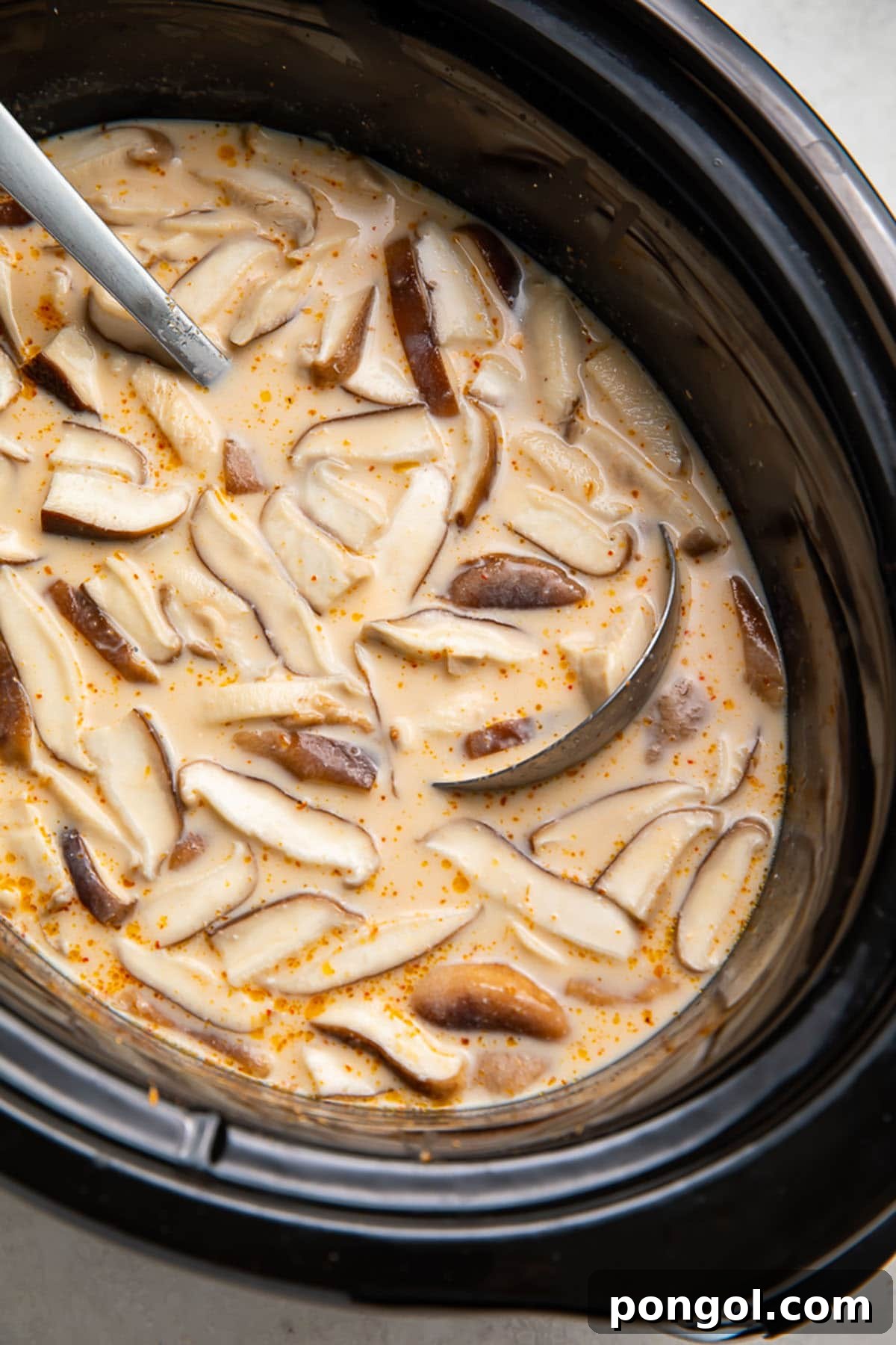 Tom Kha Gai soup cooking in a black slow cooker insert, bubbling gently.