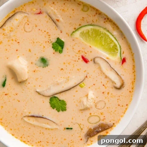 Slow Cooker Tom Kha Gai soup in a white bowl on a table next to lime wedges.