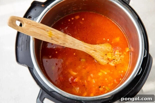 Veggies, seasoning, lentils, and liquid in Instant Pot