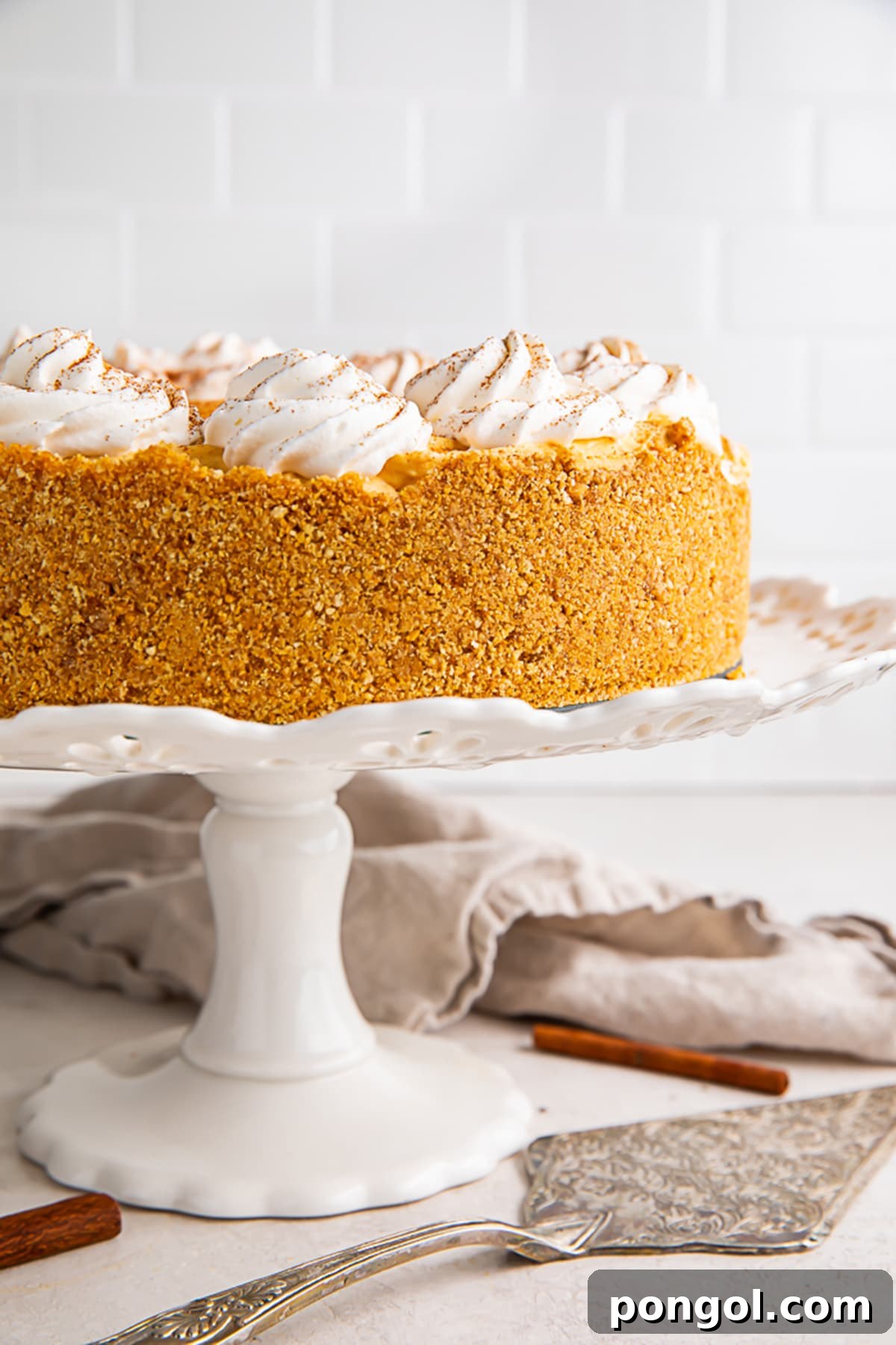 Side view of a whole no bake pumpkin cheesecake on a white cake stand, highlighting the distinct layers of crust and filling.