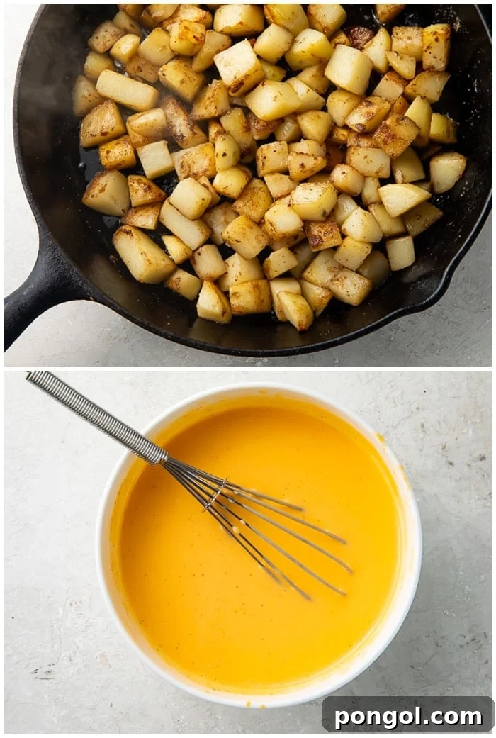Instructions for cheesy fiesta potatoes showing a skillet with potato cubes cooking and nacho cheese dip being stirred in a bowl