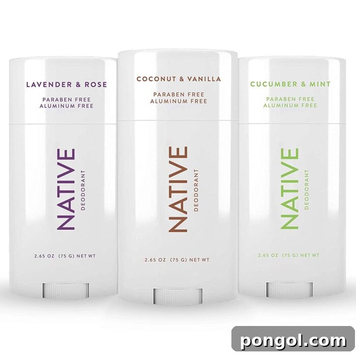 Three sticks of Native natural deodorant standing next to each other