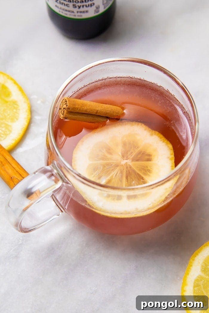 Overhead shot of elderberry hot toddy with lemon and cinnamon stick