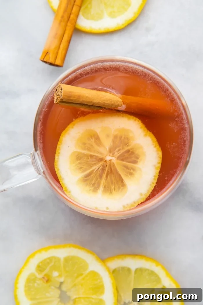 Overhead shot of elderberry hot toddy with lemon and cinnamon stick