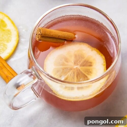 Overhead shot of elderberry hot toddy with lemon and cinnamon stick