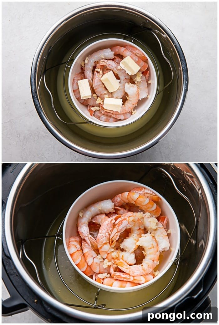 Instructions for Instant Pot shrimp preparation, showing ingredients arranged in the pressure cooker.