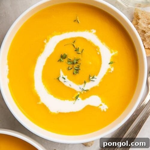 A bowl of butternut squash soup with a drizzle of cream inside a white bowl