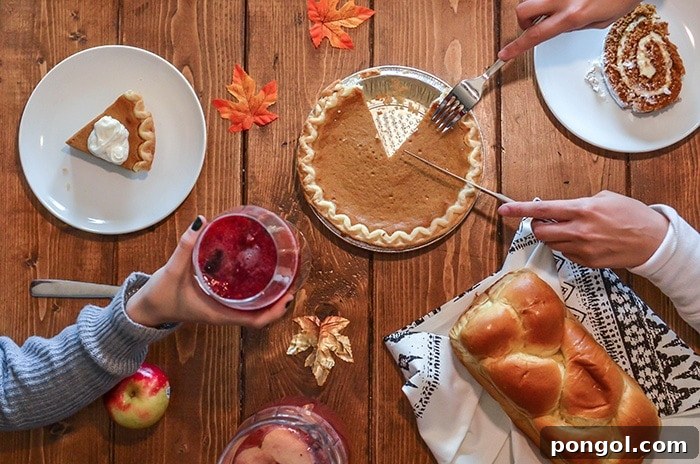 Small-Batch Thanksgiving: Recipes and Tips for Two 3 A Thanksgiving table setting with a close-up of hands enjoying the meal, one holding a drink and another cutting a pie.