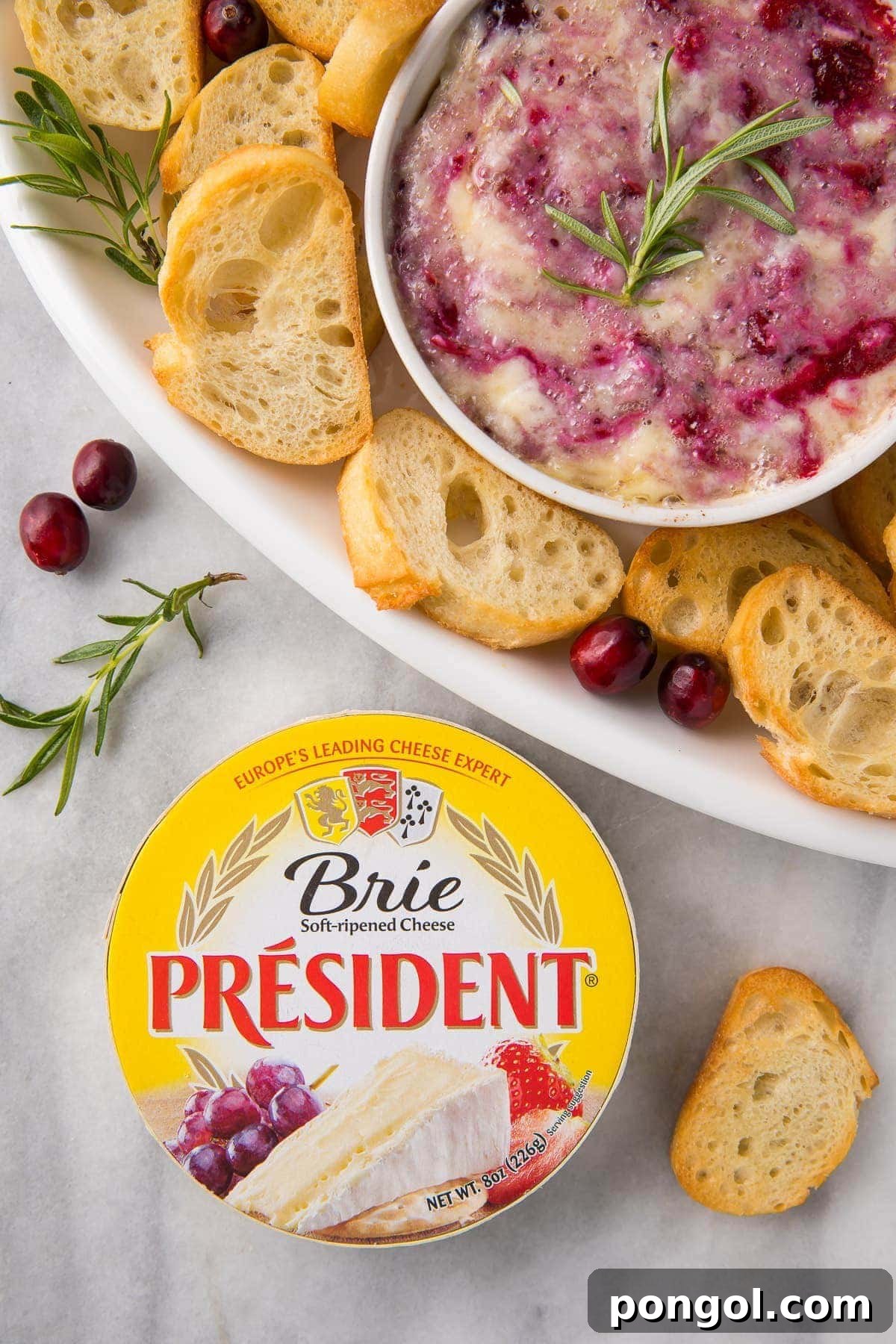 A serving tray with crackers and cranberry brie dip with a package of President Brie