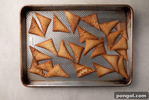 Crispy golden-brown wonton chips on a baking sheet
