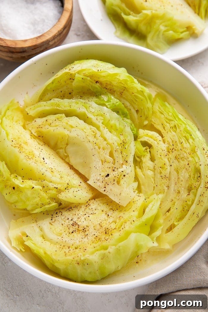 A serving of perfectly boiled cabbage in a pristine white bowl, garnished lightly, highlighting its tender texture and rich, buttery appearance.