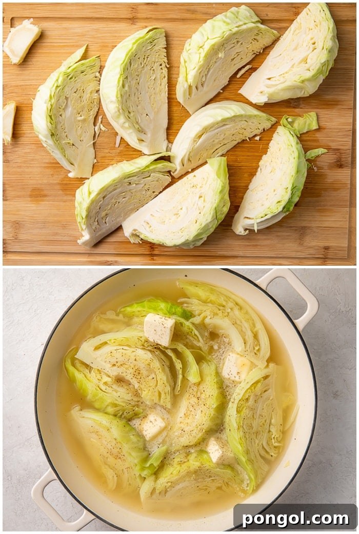 Detailed step-by-step instructions for preparing boiled cabbage, showing the cabbage being cut and placed in a pot.