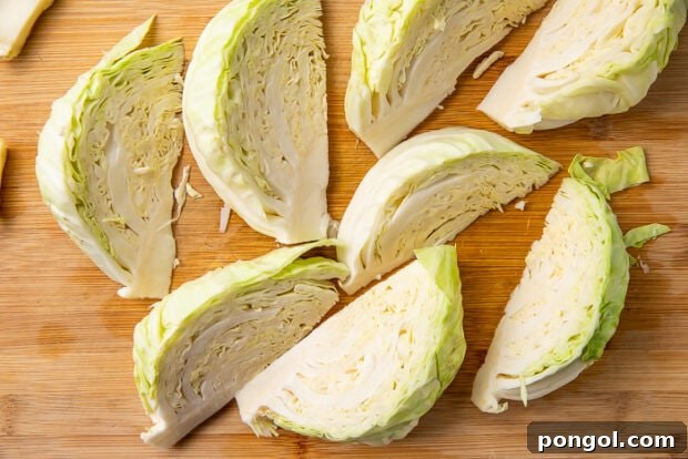 Cabbage head being cut into wedges with the root intact