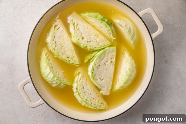 Cabbage wedges simmering in a pot with stock, salt, and pepper