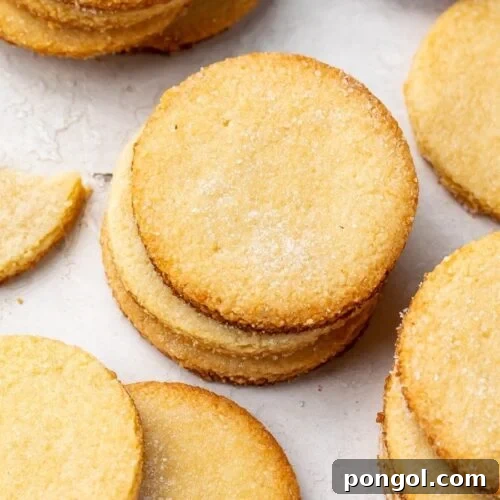 Keto shortbread cookies in stacks on a countertop
