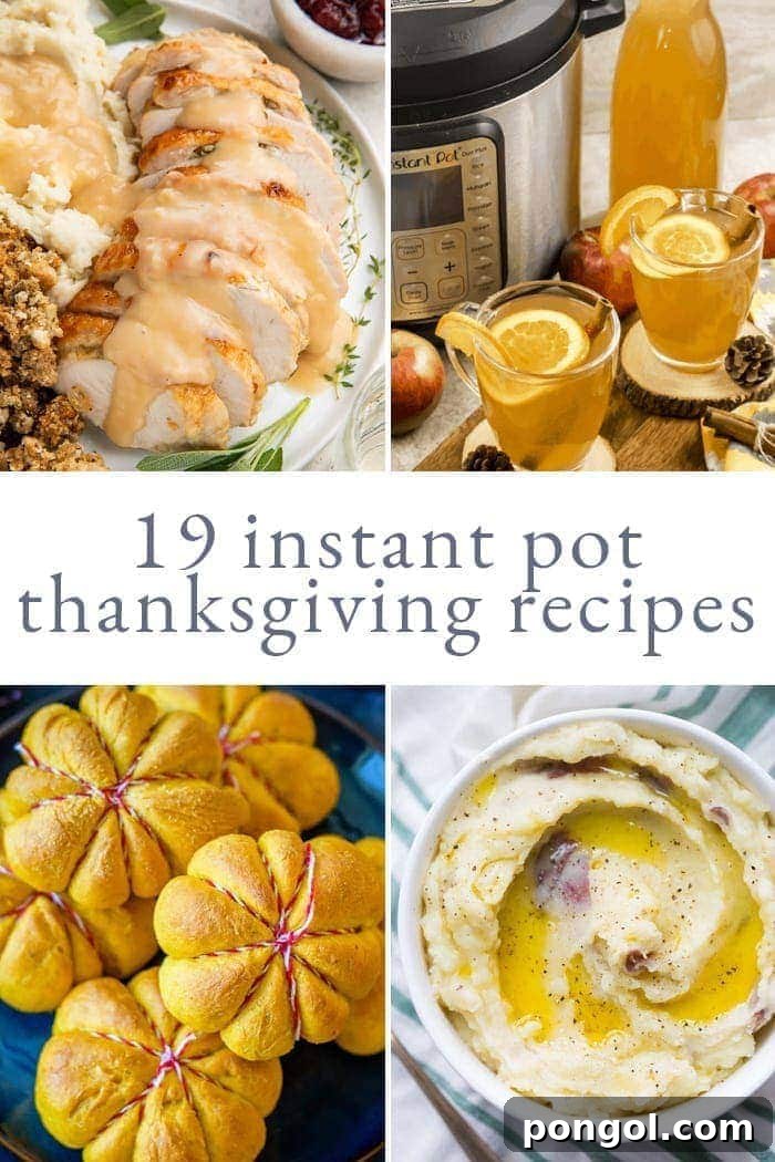Stress-Free Thanksgiving: 19 Instant Pot Dishes 2 A vibrant spread of various Instant Pot Thanksgiving dishes, showcasing a perfectly cooked turkey, an array of colorful side dishes, and fresh bread, all arranged invitingly on a festive table setting.
