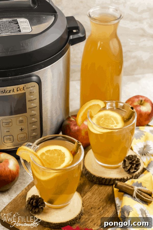 Stress-Free Thanksgiving: 19 Instant Pot Dishes 19 A steaming mug of Instant Pot apple cider, garnished with cinnamon sticks and orange slices, radiating warmth and festive aroma.