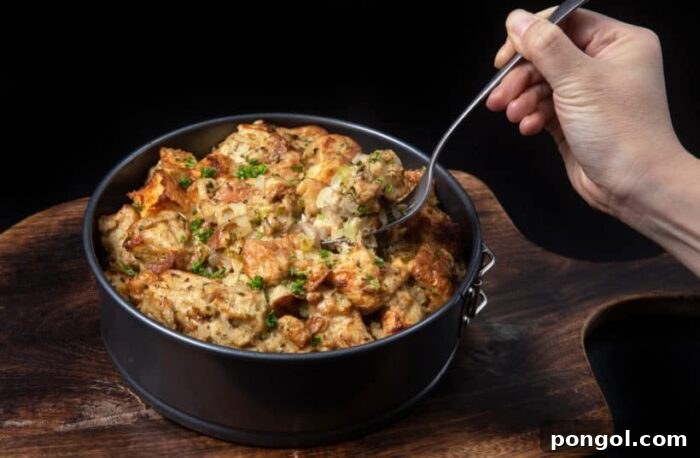Stress-Free Thanksgiving: 19 Instant Pot Dishes 7 A close-up of a delightful Instant Pot turkey stuffing, showing golden-brown bread cubes, herbs, and savory ingredients, ready to complement the Thanksgiving turkey.