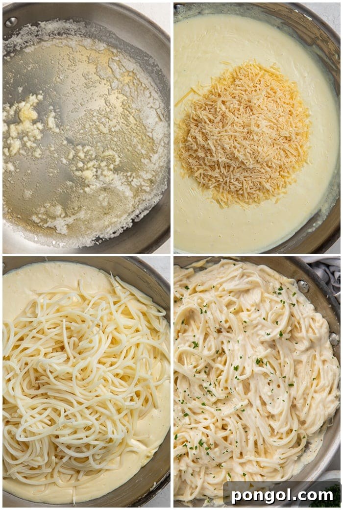 A four-photo graphic illustrating the step-by-step process of making keto alfredo sauce in a silver saucepan, from melting butter to the finished creamy sauce.