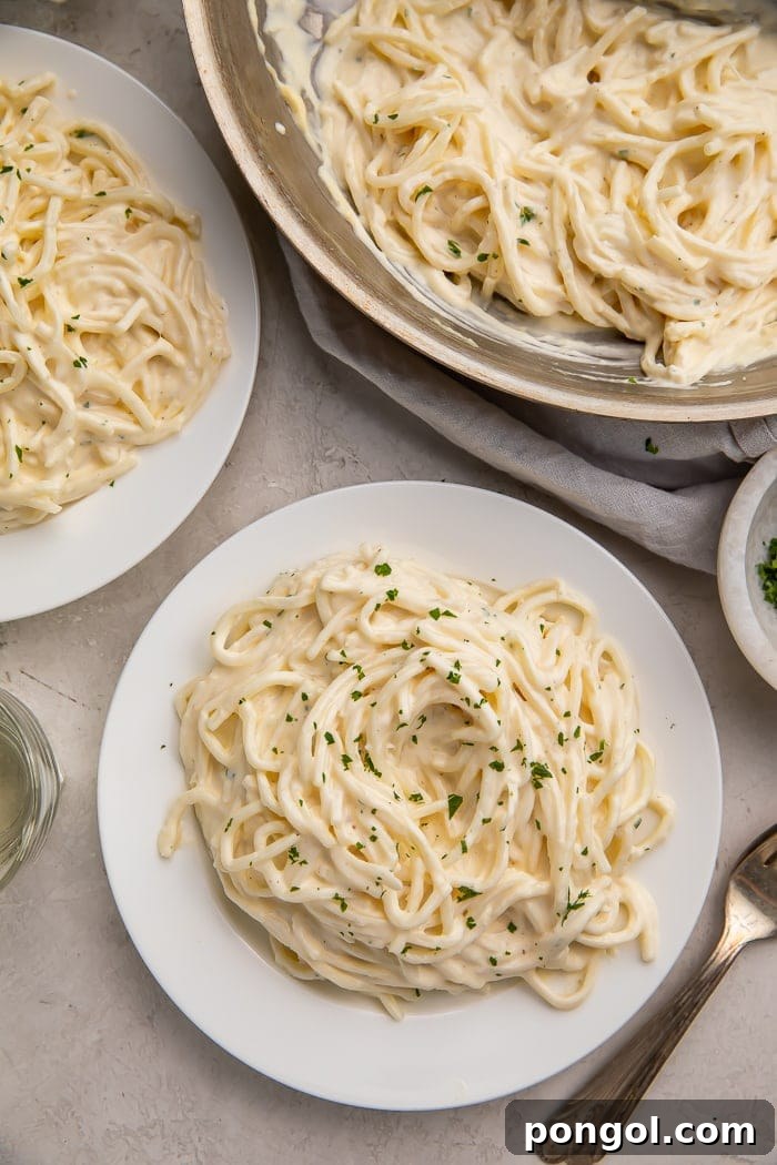 Two white plates of palmini noodles with keto alfredo sauce, alongside a silver saucepan containing more sauce, ready to be served.
