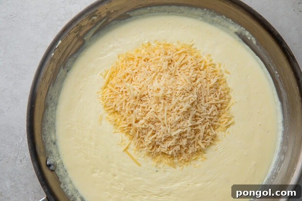 Melted cream cheese, heavy cream, and parmesan cheese in a stainless steel saucepan