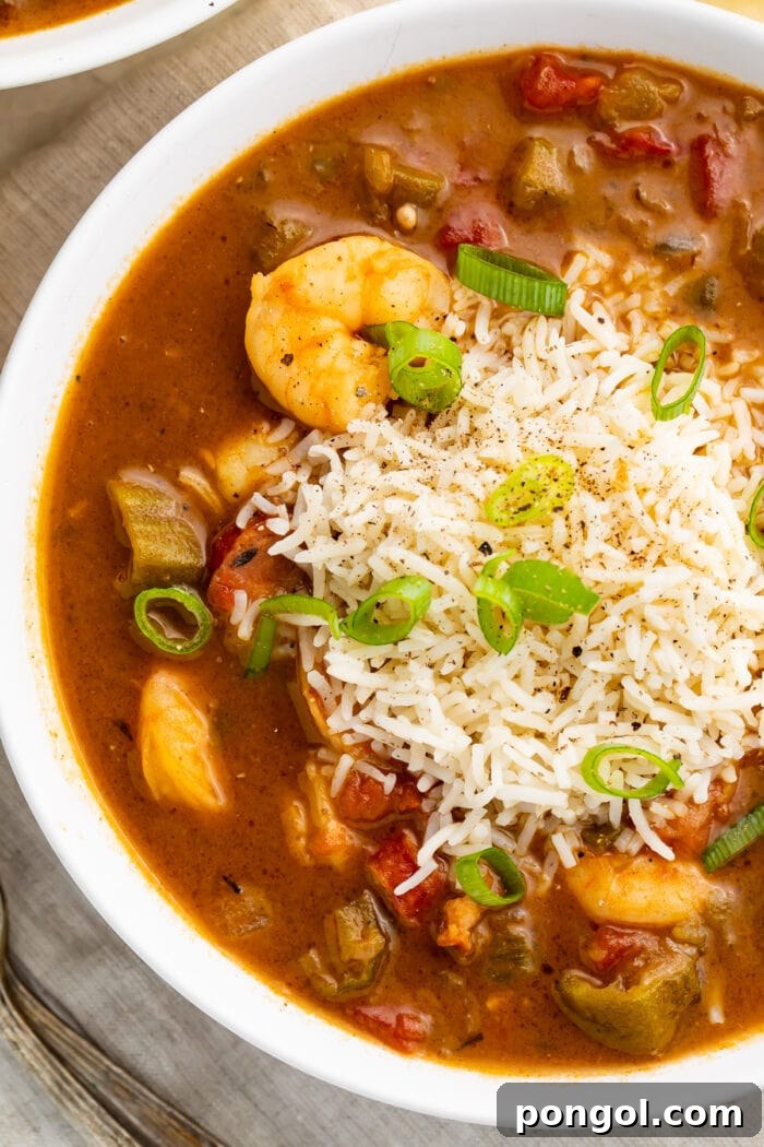 Shrimp gumbo with steamed rice and green onions in a white serving bowl