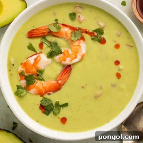 Velvety Chilled Avocado 4 A bowl of vibrant green avocado soup garnished with chili oil and two large pink shrimp.