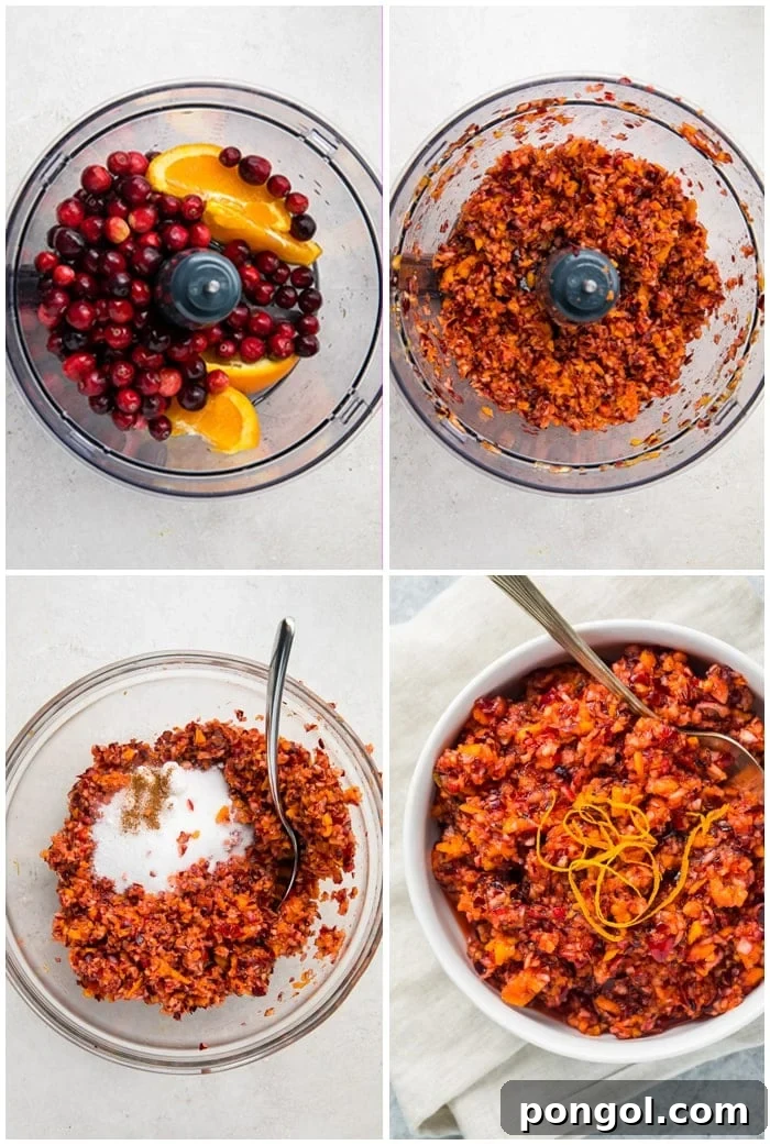 Zesty Cranberry Orange Relish 3 A four-photo graphic illustrating the simple steps of making cranberry orange relish in a food processor, from chopping oranges to combining ingredients.
