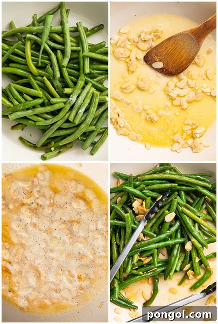 Four photo graphic illustrating the simple steps to create green bean amandine: boiling, shocking, toasting almonds, and sautéing with lemon.