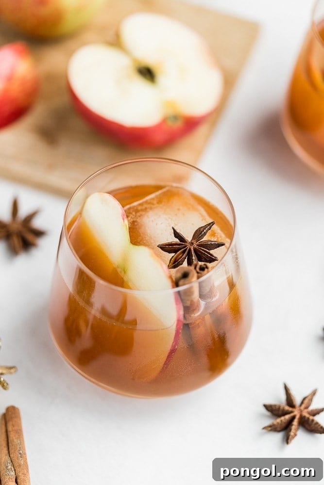 Apple cider cocktail in a stemless wine glass with cinnamon sticks, star anise, and sliced apples