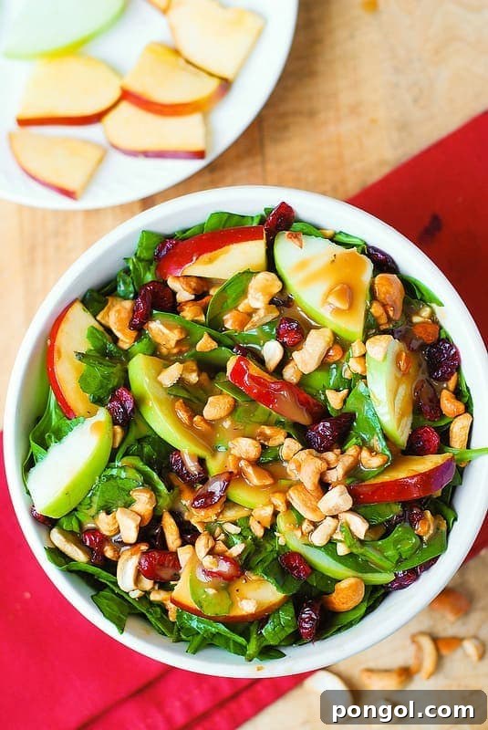 A white bowl full of apple wedges, cranberry, and spinach