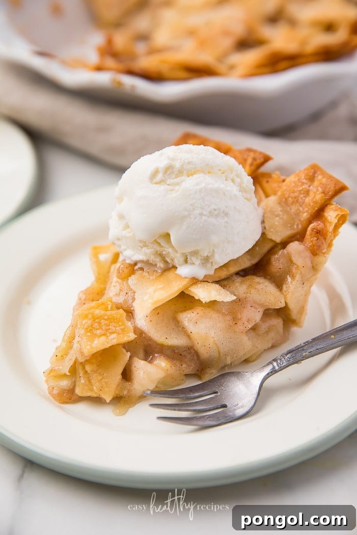 Classic homemade apple pie with vanilla ice cream on a white plate