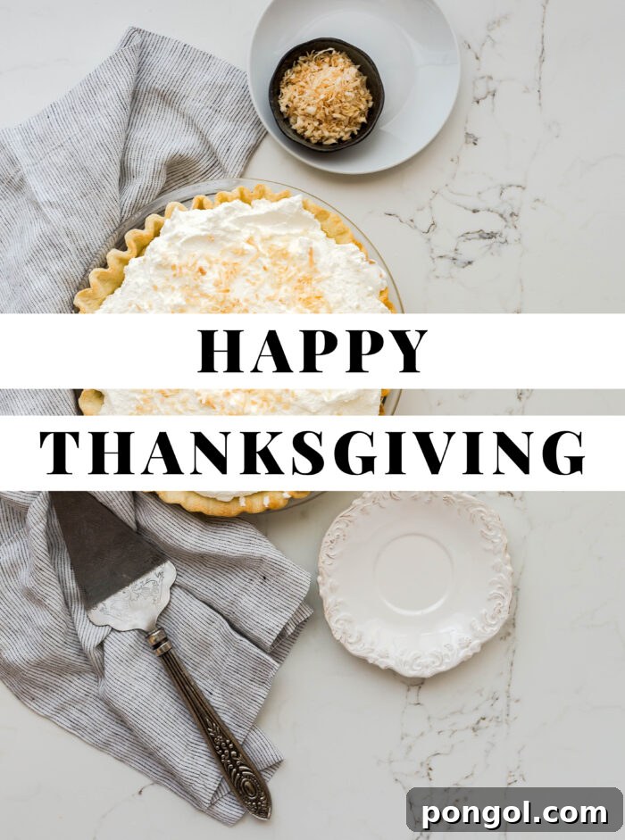 Graphic with black text reading Happy Thanksgiving against a white text background on top of a photo of pie on a marble countertop