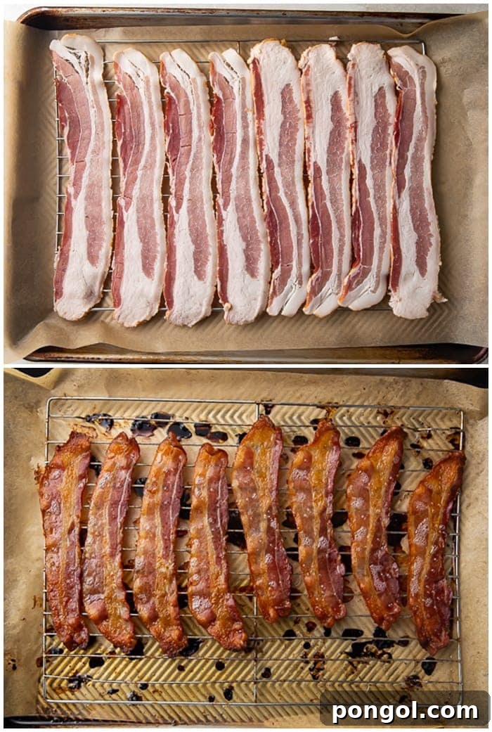 The Secret to Perfectly Crispy Oven Bacon 3 A two-image graphic illustrating the transformation of uncooked bacon strips laid on parchment paper into perfectly crispy, golden-brown oven-baked bacon.