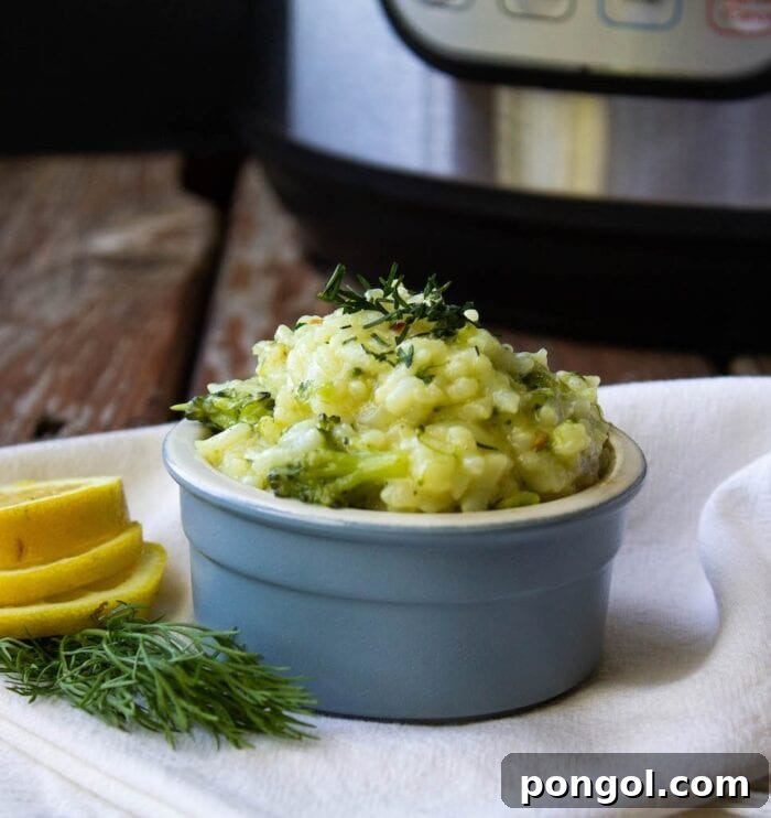 Blue bowl holding vegan Instant Pot broccoli lemon risotto