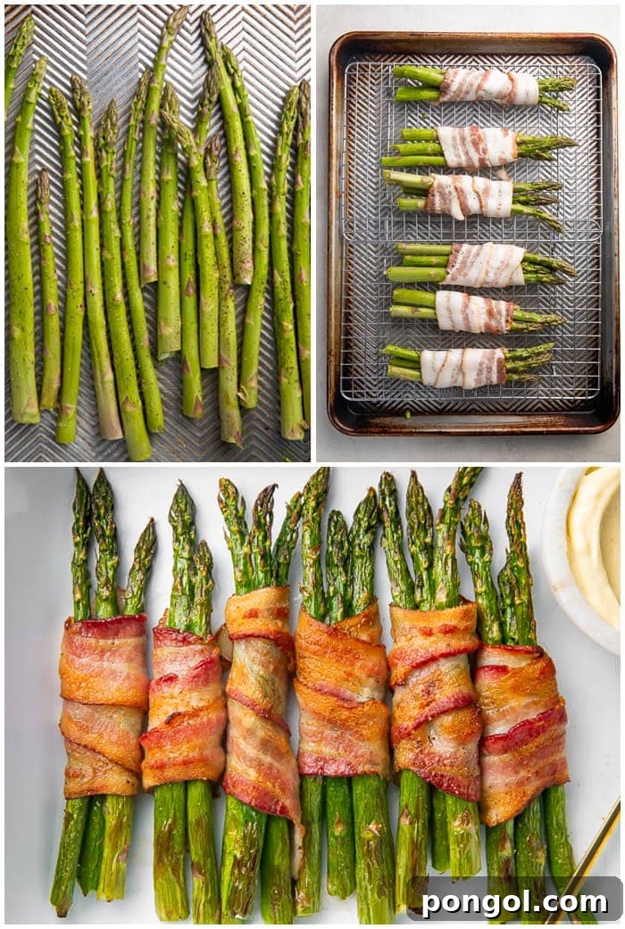 3 photo graphic showing the steps to make baked bacon-wrapped asparagus stalks