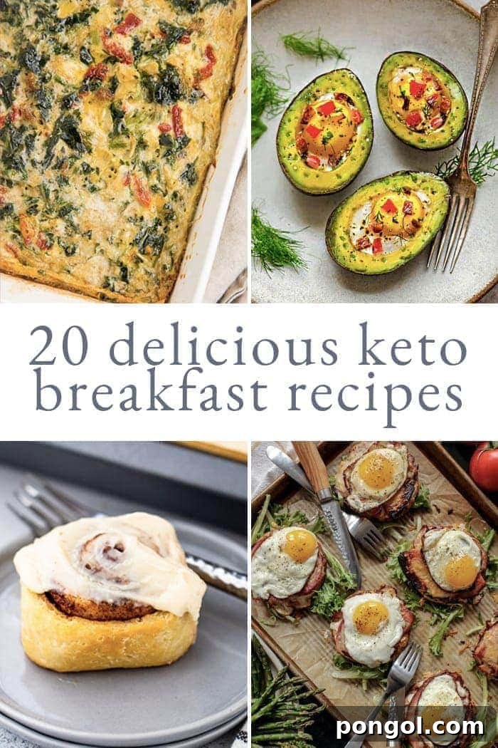Title graphic for 20 keto breakfast recipes roundup featuring various keto breakfast foods