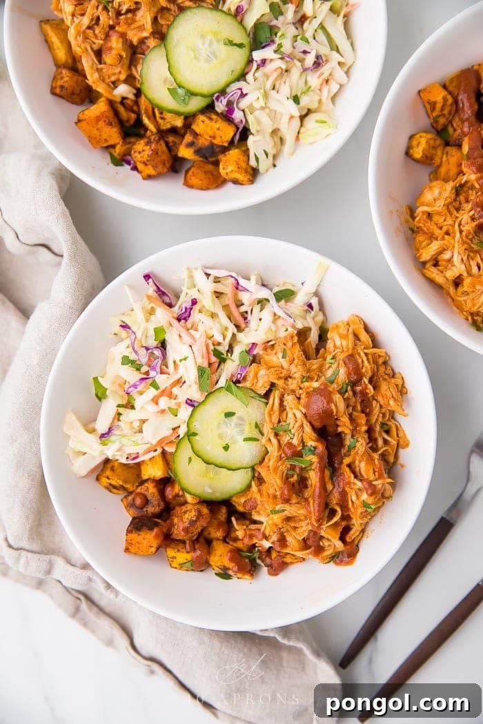 New Year, New You: 65 Satisfying Whole30 Meals 32 A vibrant Whole30 BBQ chicken bowl featuring sweet potatoes and coleslaw.