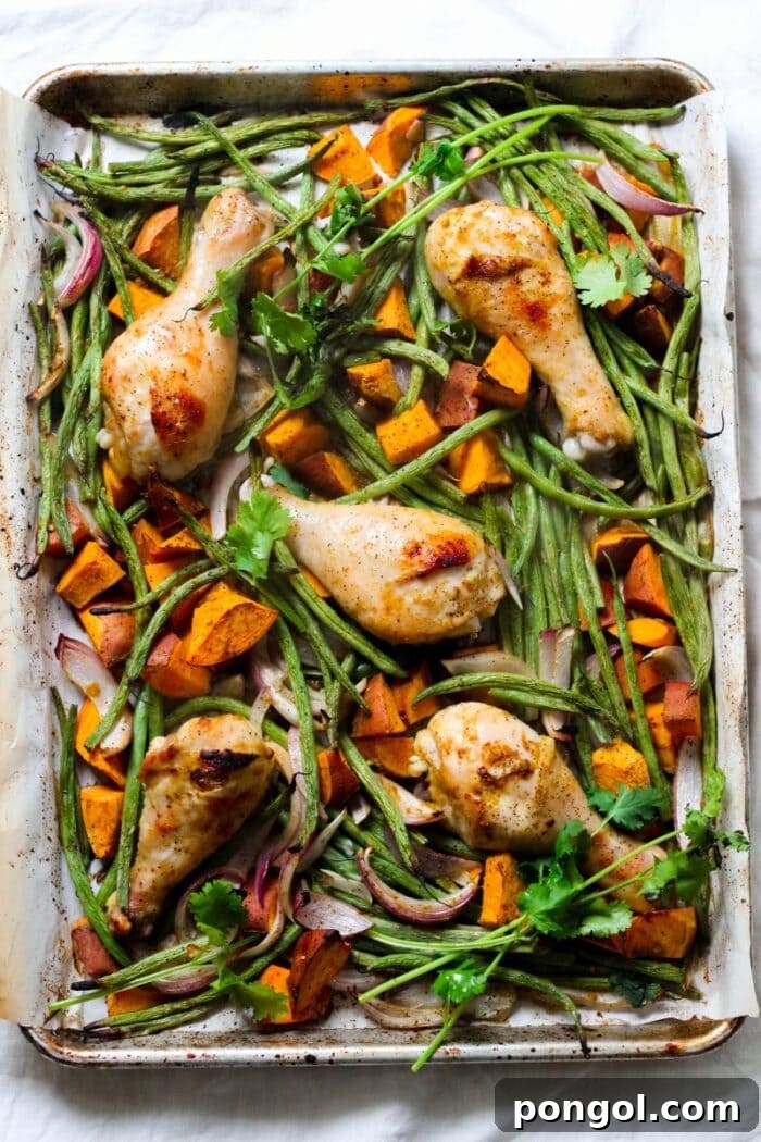 New Year, New You: 65 Satisfying Whole30 Meals 35 Chicken drumsticks and vibrant green beans roasted together on a convenient sheet pan.