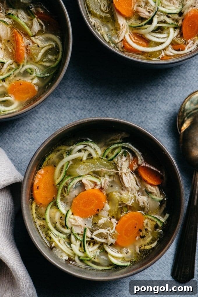 New Year, New You: 65 Satisfying Whole30 Meals 5 A comforting black bowl of Whole30 chicken zoodle soup, packed with tender chicken and zucchini noodles.